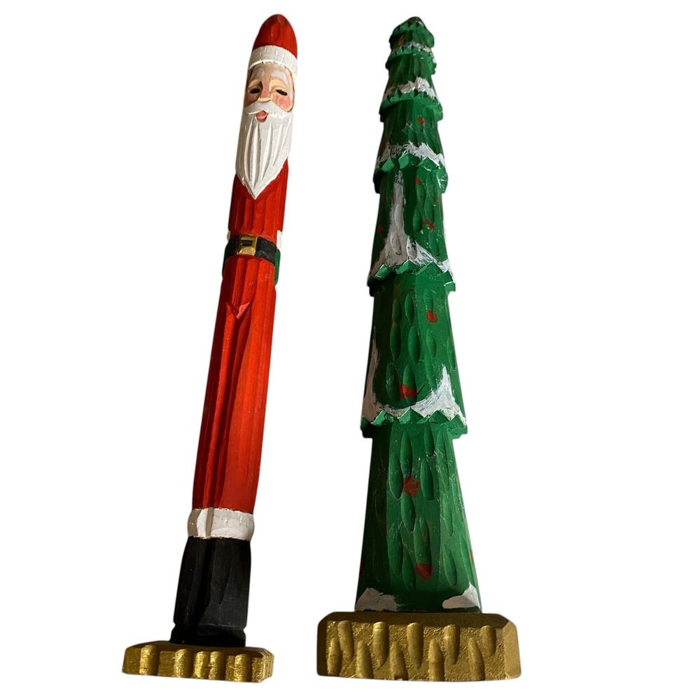 Vintage Hand Carved Wooden Pencil Skinny Santa Claus and Christmas Tree Figurine - Picture 12 of 14